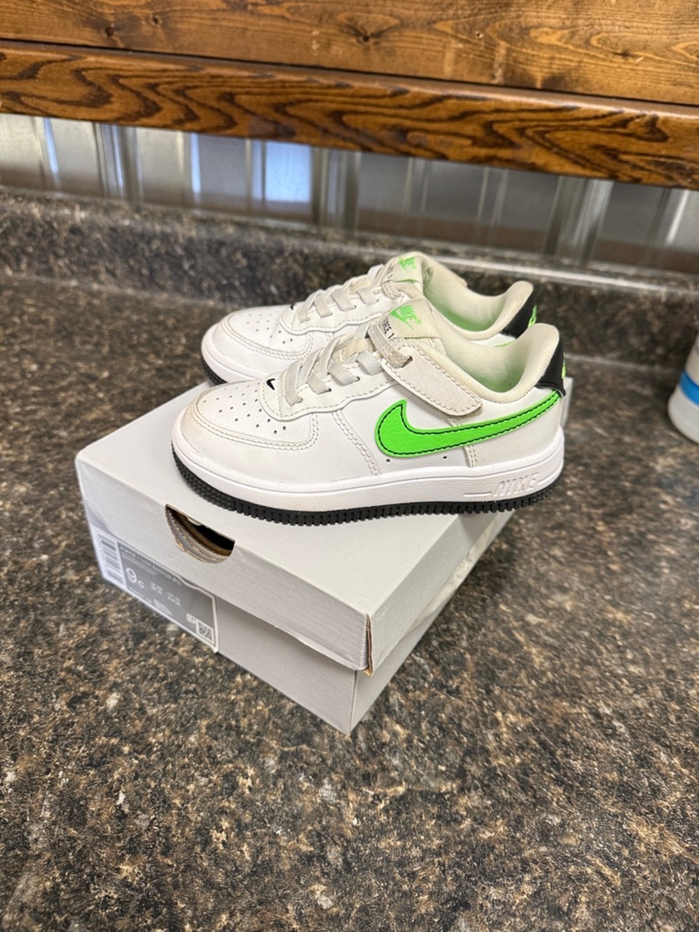 Nike Airforce 1 White Sneakers with Neon Green Swoosh and Black Outsole 9c